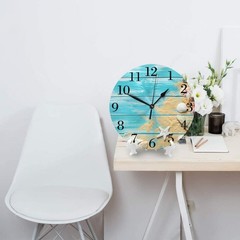 9.8 Inch Sea Shell Wood Board Wall Clock Silent Ocean Round Battery Decor
