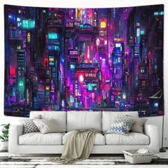 Psychedelic Neon City Extra Large Tapestry Wall Hanging Fabric Anime Room Decor