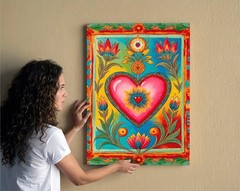Sacred Heart Mexican Folk Art Canvas Print, Colorful Milagro Style Floral Decor