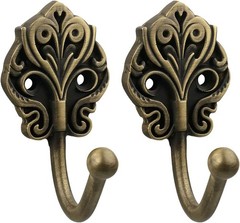 Solid Brass Wall Hooks 2 Pack – Heavy-Duty Decorative Coat Hooks with Antique