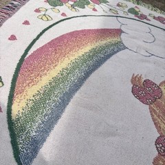 Vintage Precious Moments Blanket Goose Rainbow Girl Goose Heart Floral Fringe