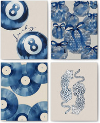 Trendy Retro Blue Y2K Wall Art Prints Set of 4, Funky Retro Lucky 8 Ball Coquett