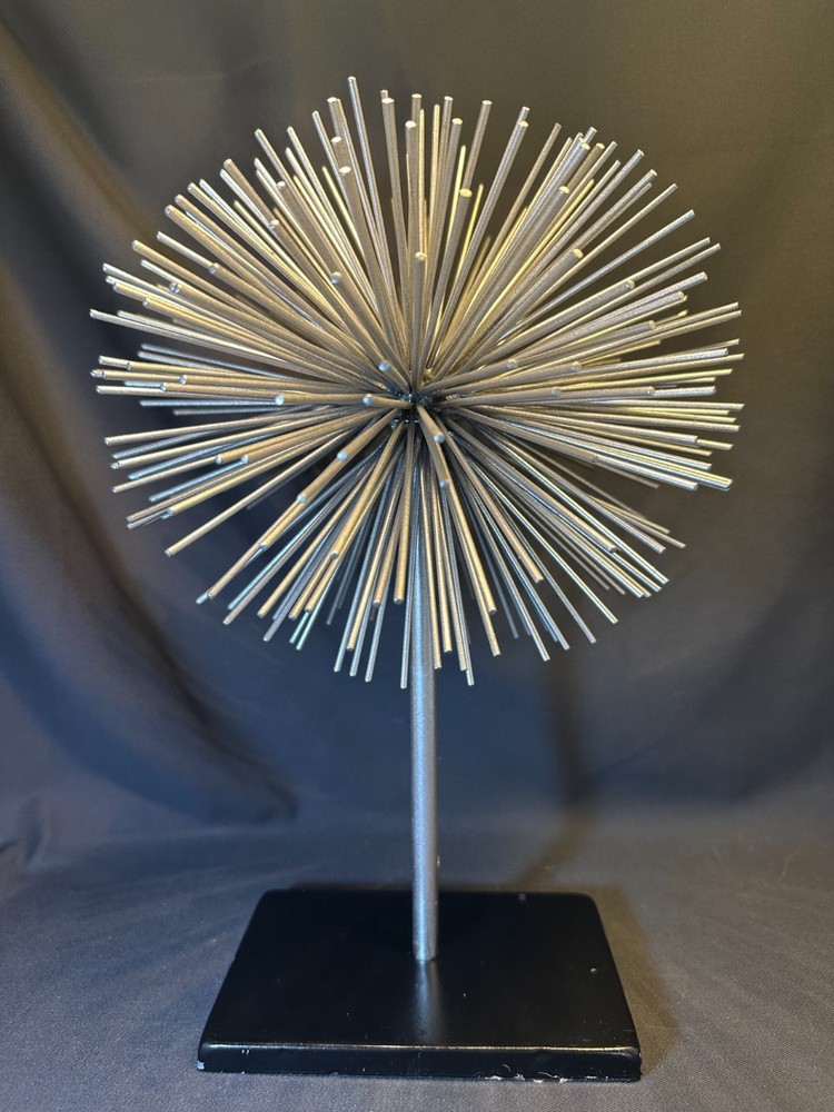 Metal Atomic Silver Starburst Orb Sea Urchin Sculpture On Stand 9 in. Diameter