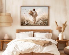 Jesus Walking in Wildflower Field Canvas – Christian Wall Art – Faith Gift