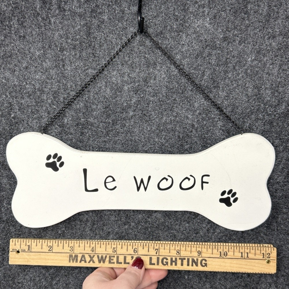 Le Woof Dog Bone Sign Hanging Wall Decor with Paw Prints & Funny Cute Saying