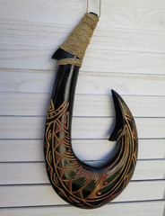 Hawaiian Hand Made Wall Decor Solid Black Wood Polynesian Tribal Fish Hook