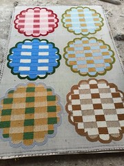 Handmade Checkered Wool Rug Blue Red | Scalloped Geometric Carpet Living Room