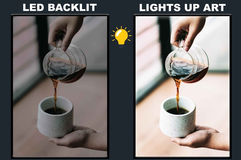 LED Backlit Coffee Wall Art Lighted Frame – pouring fresh brew in ceramic