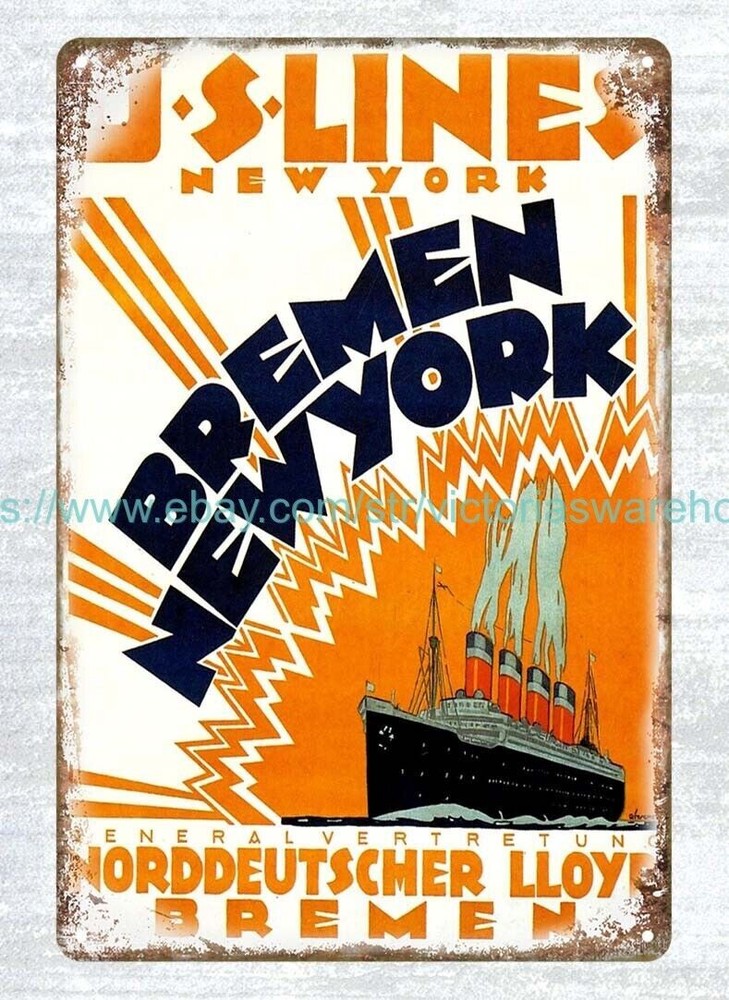 plaques pub 1914 U.S. Lines, Bremen New York travel metal tin sign