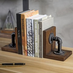 Industrial-Style Pipe & Rustic Wood Tabletop Bookends, Set of 2