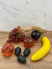 Vintage MCM Lucite And Glass Fruit Grapes On Wood Stem Peach Apple Mixed Fruit