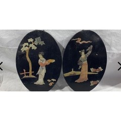 Vintage Asian Black Lacquer Geisha Wall Plaques Set of 2 Mid Century Oval Art
