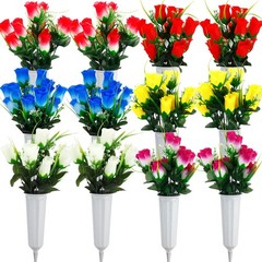 12 Sets Memorial Day Cemetery Flowers Bulk with Grave Vase 24 Bunches Artific…
