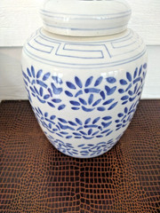 WBI Blue & White Ginger Jar & Lid Double Happiness Motif Hand Painted in China