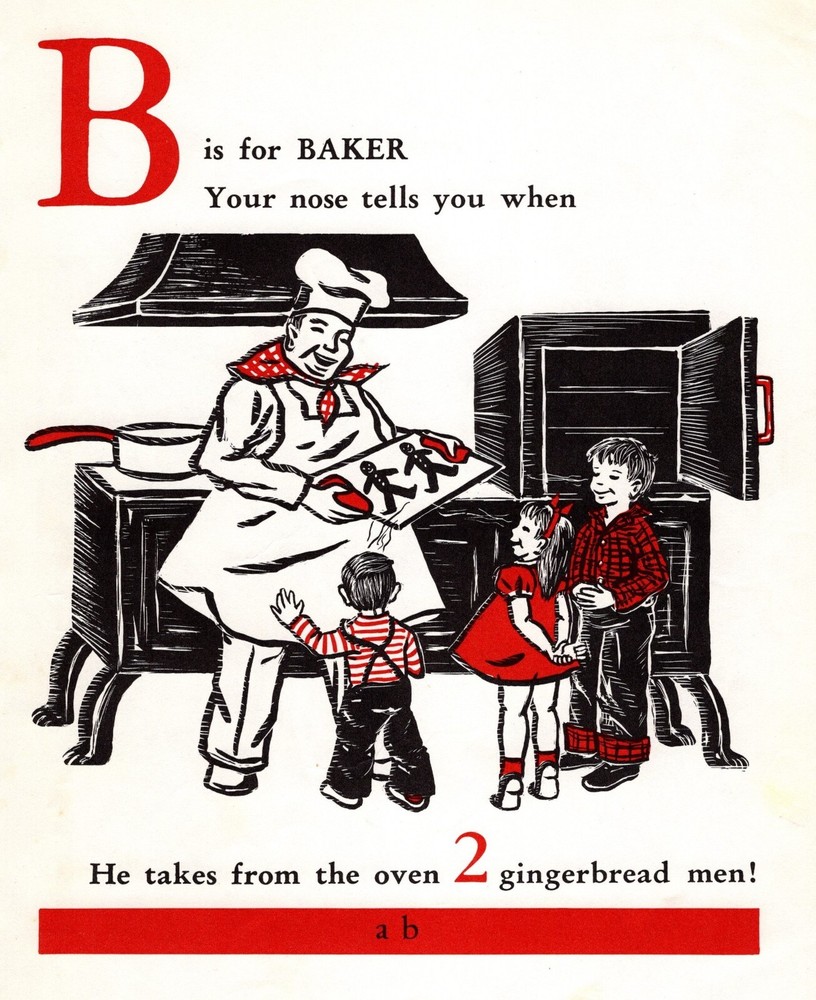 Vintage ABC Letter B Alphabet Print 1950s Baker Chef Gingerbread Cookies 5205