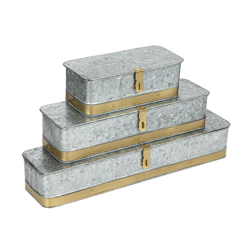 Creative Co-Op Nestable Rectangular Metal Storage Boxes Hasp Lock Silver Set Of