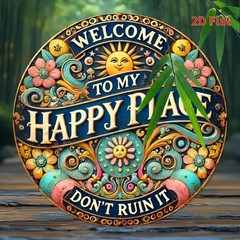 2D Flat Print, 8×8 inches, Welcome to My Happy Place’ Round Tin Metal Signs – Du