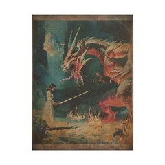 Retro DRAGON SLAYER Wall Art, Fantasy Sword Warrior Dinosaur Girl Poster Print