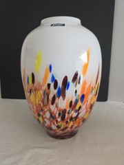 Alicja Polish Art Glass White, Orange, Blue, Brown Vase Hand Blown 12″T x 7.5″D
