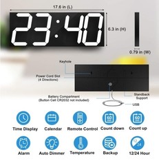 Large LED Wall Clock Remote Control Auto Dimmer Countdown Timer White Display