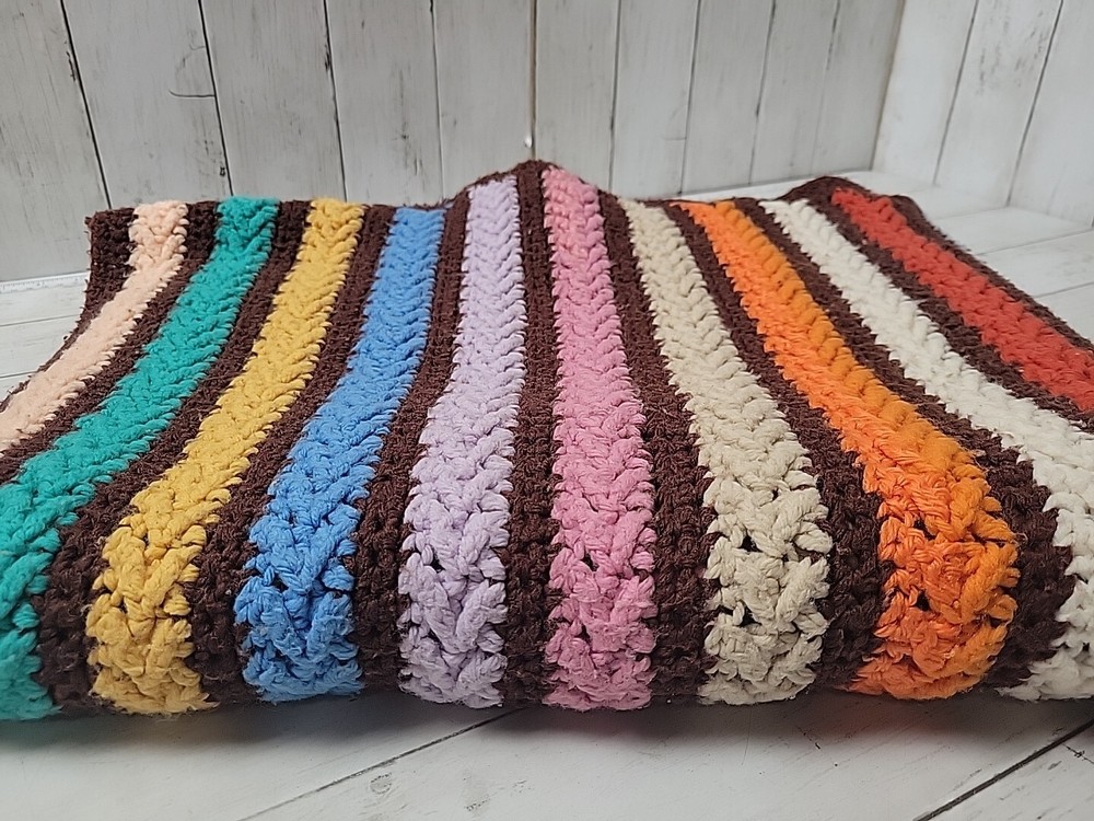 Vintage Crochet Knitted Throw Blanket Brown Multicolor Striped 35″ x 68″