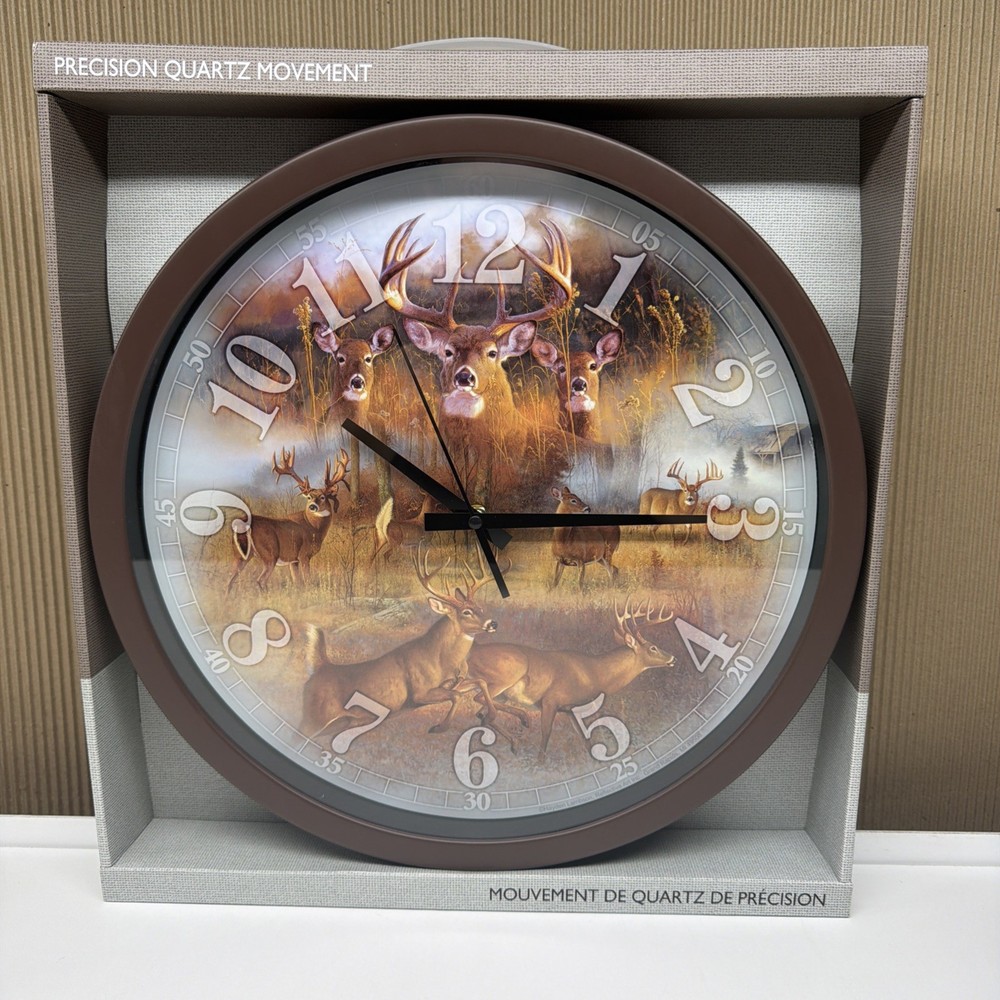 White Tail Deer Collage 15” Reflective Art Wall Clock Rustic Cabin Modern Frame
