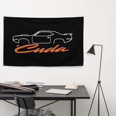 Cuda Wall Banner Barracuda Silhouette Orange Script Garage Decor 34×56