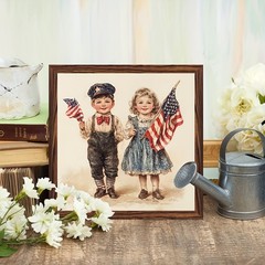 4th Of July Patriotic Children Flag Wooden Plaque Vintage USA Home Decor Gift