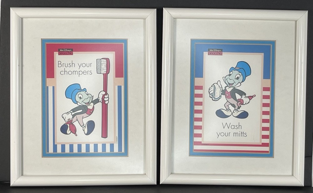 Set of 2 VTG Walt Disney Pinocchio Jiminy Cricket Bathroom Art Prints 8×10 Frame