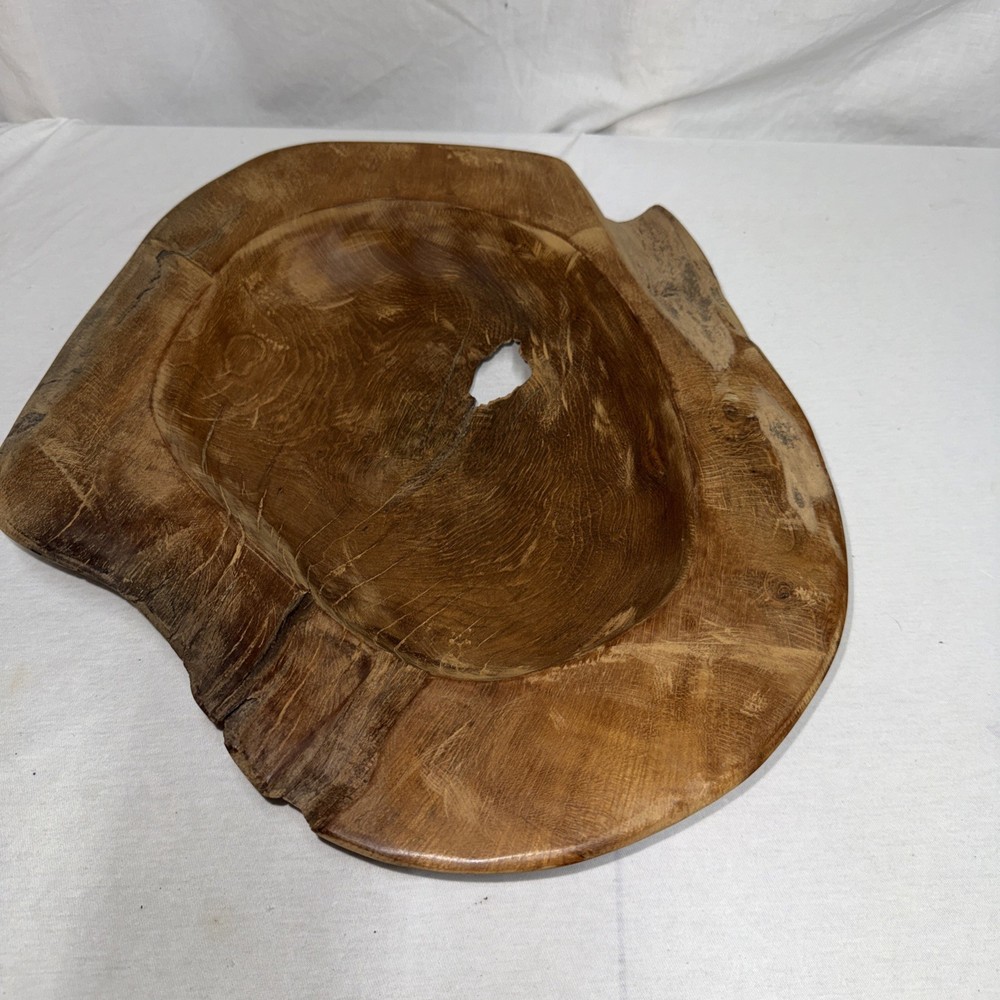 Live Edge Burl Wood Bowl Natural Root Centerpiece Hand Carved Organic Teak 16”