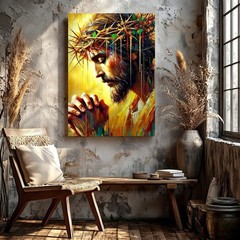 Wall Art Jesus Praying Crown of Thorns Abstract Religious Canvas Print Decor