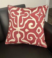 OKA 100% Silk Base, 100% Cotton Lining, Red/Beige Pillow Cover 22”x 22”