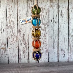 Glass Fishing Floats On Jute Rope – Red, Blue, Aqua, Green – Nautical Wall Decor