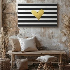 Gold Heart Canvas Wall Art with Black White Stripes Modern Minimalist Decor