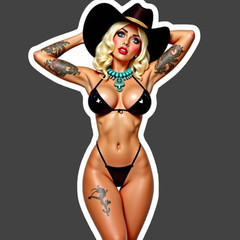 Cowgirl Pinup Girl Sticker Vinyl Decal Western Blonde Bikini Tattoo Hat