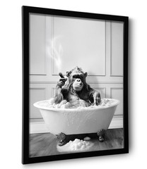 Framed Bathroom Decor Wall Art, Chimpanzee in Bathtub, Black and White Wall Art,