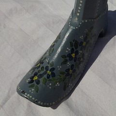 Vintage Doorstop Holder Cast Iron Boot Hand Painted Gray Blue Flowers