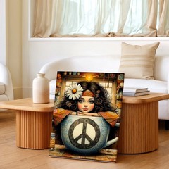 Wall Art Hippie Girl in Teacup Peace Sign Daisy Boho Kitchen Fantasy Print Decor