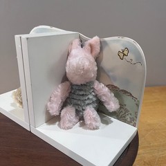 Disney Winnie the Pooh & Piglet Plush Wood Bookends Nursery Decor Set Vtg Style