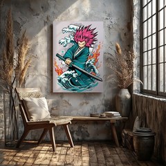 Dynamic Anime-style Character Stands In A Powerful Pose, Wielding A Wall Art