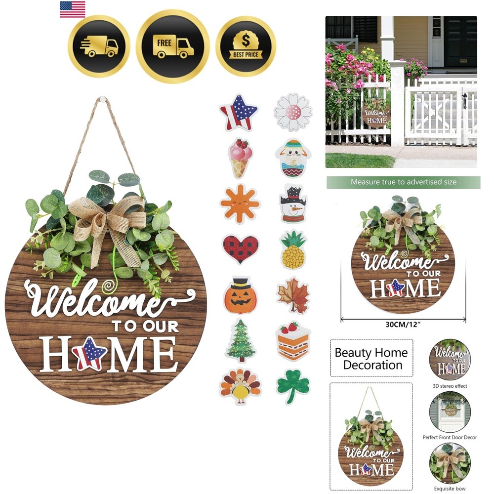 Rustic Wooden Welcome Sign Front Door Decor Wreath Indoor Outdoor All Seasons