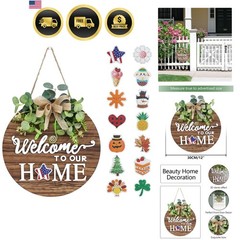 Rustic Wooden Welcome Sign Front Door Decor Wreath Indoor Outdoor All Seasons