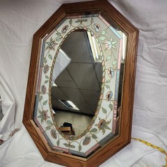 Vintage Cottagecore Floral Etched Stained Glass Mirror Octagon 1980s 90s 21″x31″