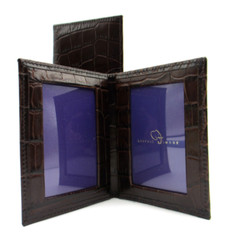 Bifold Frame MINI Holds Two 2×3″ Photos Leather BROWN Crocodile Embossed