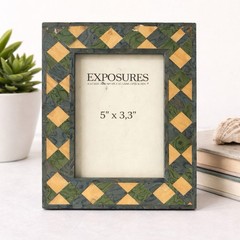 Exposures Italy Wood Marquetry Picture Frame 5×3.5 Photo Green Gold Mosaic Frame