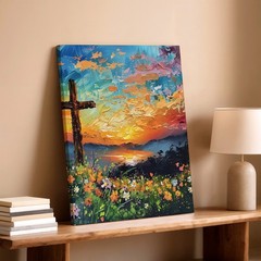 Wall Art Cross Sunset Landscape Canvas Print Colorful Floral Christian Decor