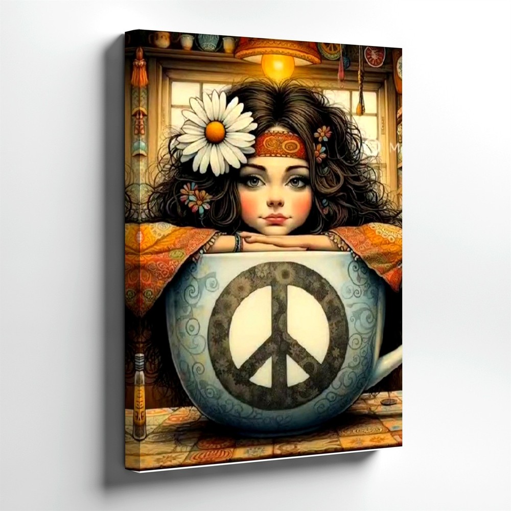 Wall Art Hippie Girl in Teacup Peace Sign Daisy Boho Kitchen Fantasy Print Decor