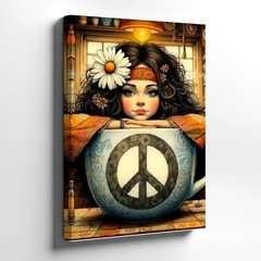 Wall Art Hippie Girl in Teacup Peace Sign Daisy Boho Kitchen Fantasy Print Decor