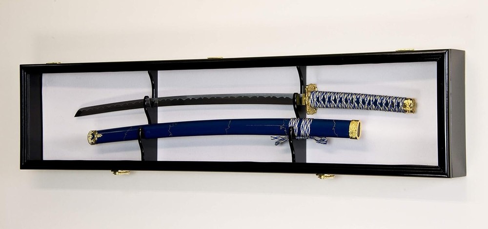 Sword Display Case Black & White Saber USMC NCO Navy Katana Blade Wood Cabinet