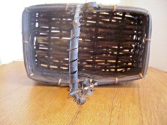 VINTAGE BAMBOO OBLONG BASKET w/METAL SCROLL HANDLE ~ 12 1/2 L x 8 W x 6 H ~ VGUC